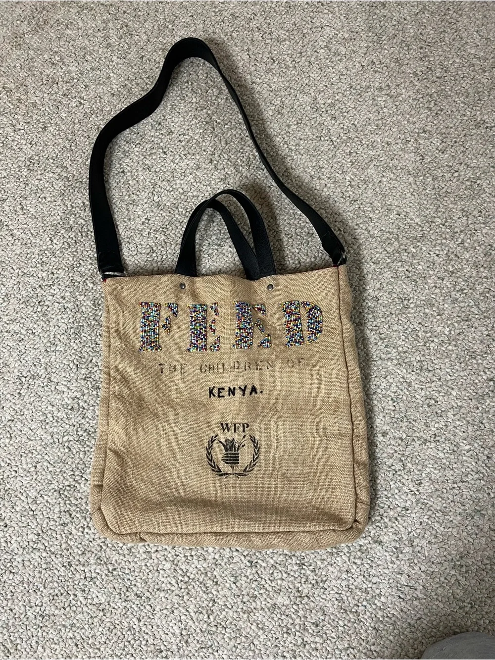 Beaded Lettering Kenya Jute Tote with Black Straps